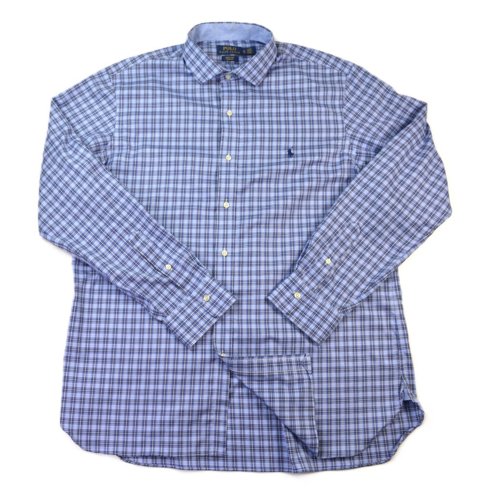 Polo Ralph Lauren Men's Blue Plaid Easy Care Stretch Button Up Pony Shirt XL‎
